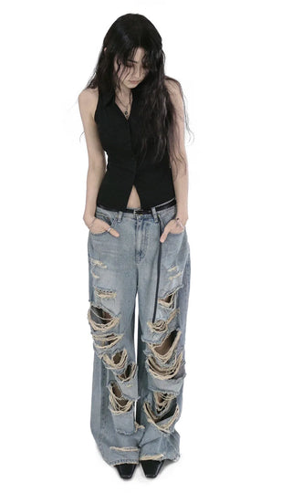 CASEL DAMAGE DESTROYED WIDE LIGHT BLUE DENIM JEANS