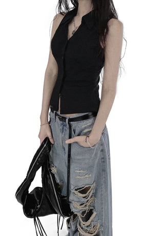 CASEL DAMAGE DESTROYED WIDE LIGHT BLUE DENIM JEANS