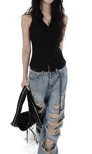 CASEL DAMAGE DESTROYED WIDE LIGHT BLUE DENIM JEANS