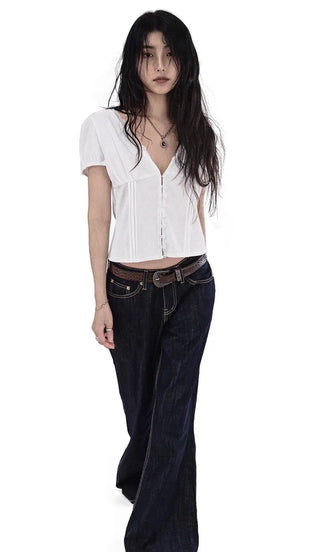 Eve Deep V-Neck Button Lace Blouse