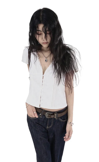 Eve Deep V-Neck Button Lace Blouse