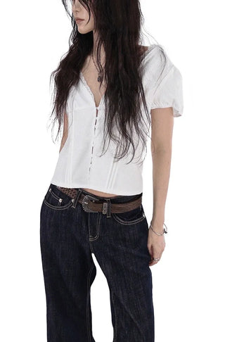 Eve Deep V-Neck Button Lace Blouse