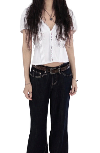 Eve Deep V-Neck Button Lace Blouse