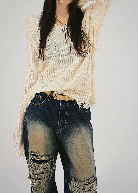 Linda V-neck Damaged Wool Half Knit