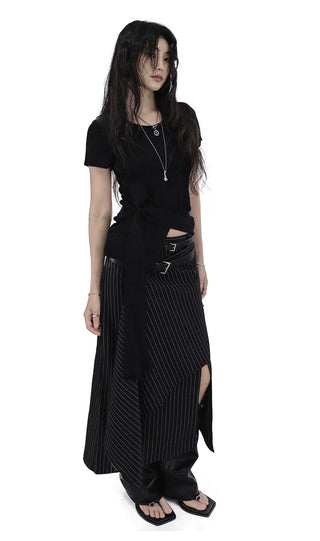 KALO UNBALANCED DRAPE BUTTON SLIT WRAP SKIRT