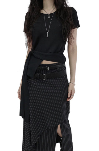 KALO UNBALANCED DRAPE BUTTON SLIT WRAP SKIRT