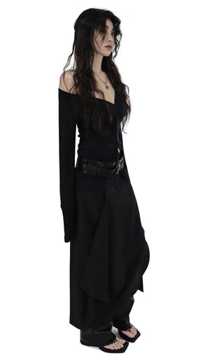 KALO UNBALANCED DRAPE BUTTON SLIT WRAP SKIRT