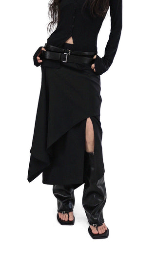 KALO UNBALANCED DRAPE BUTTON SLIT WRAP SKIRT