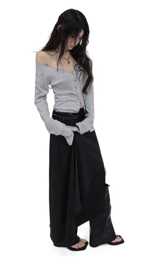KALO UNBALANCED DRAPE BUTTON SLIT WRAP SKIRT