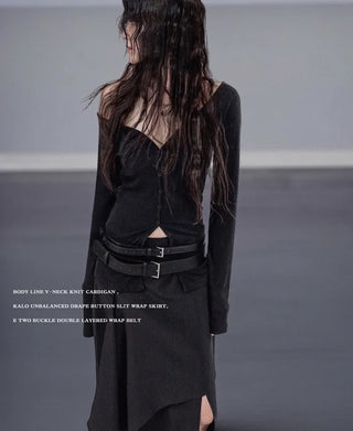 KALO UNBALANCED DRAPE BUTTON SLIT WRAP SKIRT