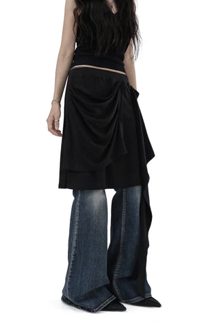Multi-Drape Button Unbalanced Layered Wrap Skirt
