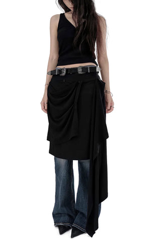 Multi-Drape Button Unbalanced Layered Wrap Skirt