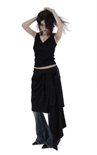 Multi-Drape Button Unbalanced Layered Wrap Skirt