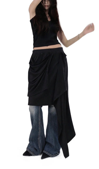 Multi-Drape Button Unbalanced Layered Wrap Skirt