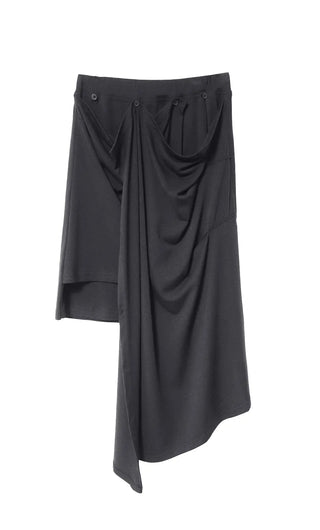 Multi-Drape Button Unbalanced Layered Wrap Skirt