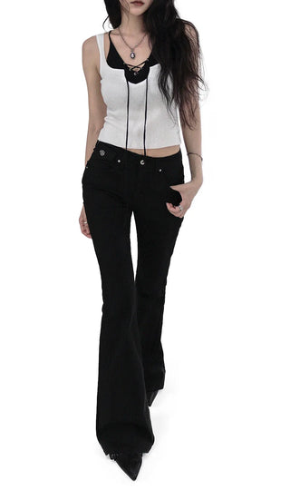 Button Low-Rise Solid Cotton Slim Bootcut Pants