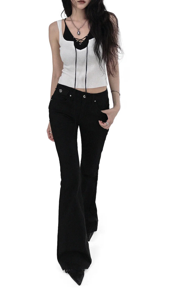 Button Low-Rise Solid Cotton Slim Bootcut Pants