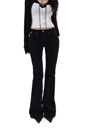 Button Low-Rise Solid Cotton Slim Bootcut Pants
