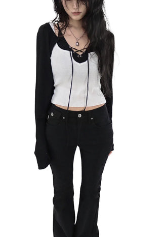 Button Low-Rise Solid Cotton Slim Bootcut Pants