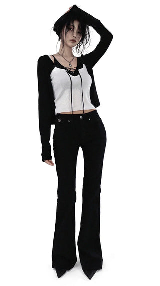 Button Low-Rise Solid Cotton Slim Bootcut Pants