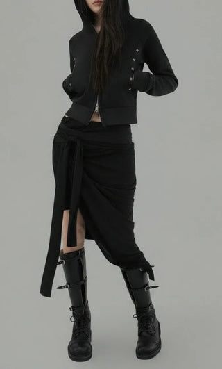 SPIKE STUD HIGH NECK HOODED ZIP-UP