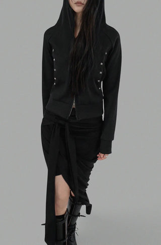 SPIKE STUD HIGH NECK HOODED ZIP-UP