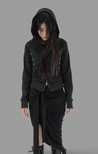 SPIKE STUD HIGH NECK HOODED ZIP-UP
