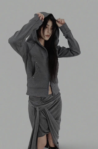 SPIKE STUD HIGH NECK HOODED ZIP-UP