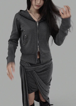 SPIKE STUD HIGH NECK HOODED ZIP-UP