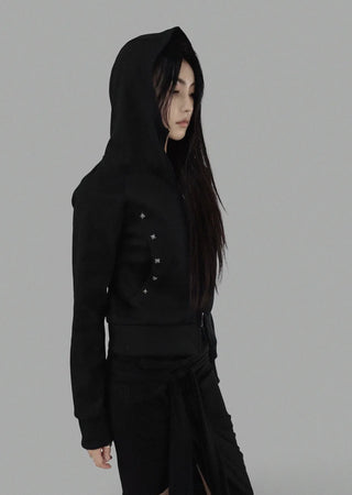 SPIKE STUD HIGH NECK HOODED ZIP-UP