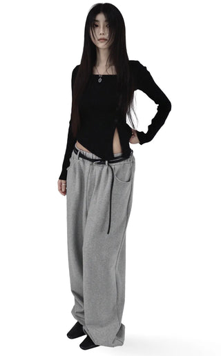Asymmetric Square Unbalanced Button Deep Slit Knit Top