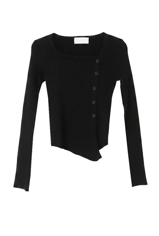 Asymmetric Square Unbalanced Button Deep Slit Knit Top