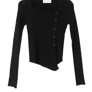 Asymmetric Square Unbalanced Button Deep Slit Knit Top