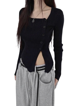 Asymmetric Square Unbalanced Button Deep Slit Knit Top