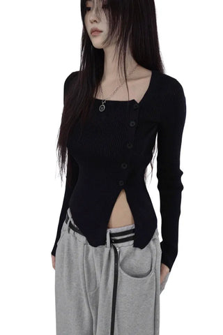 Asymmetric Square Unbalanced Button Deep Slit Knit Top