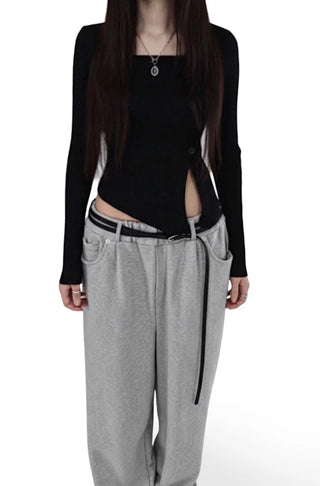 Asymmetric Square Unbalanced Button Deep Slit Knit Top