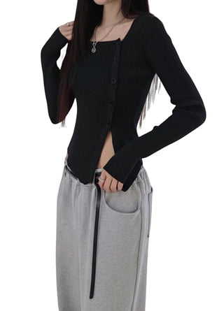 Asymmetric Square Unbalanced Button Deep Slit Knit Top