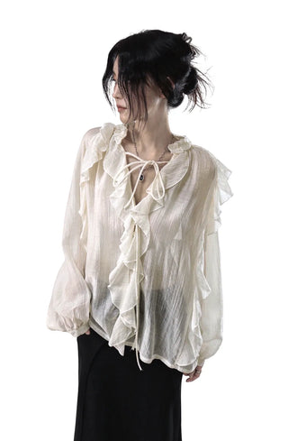 LATTE ROMANTIC RUFFLE FRILL SHEER BLOUSE