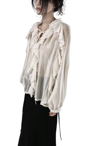 LATTE ROMANTIC RUFFLE FRILL SHEER BLOUSE