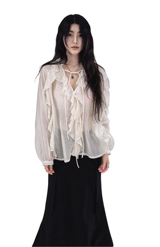 LATTE ROMANTIC RUFFLE FRILL SHEER BLOUSE