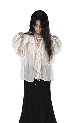 LATTE ROMANTIC RUFFLE FRILL SHEER BLOUSE