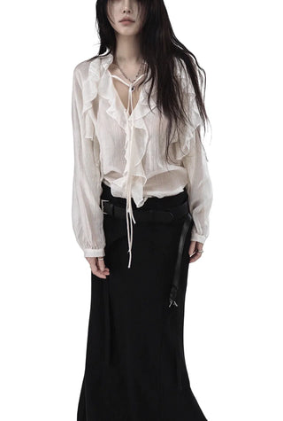 LATTE ROMANTIC RUFFLE FRILL SHEER BLOUSE