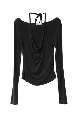 MALE HALTER DRAPE LAYERED LONG SLEEVE TOP
