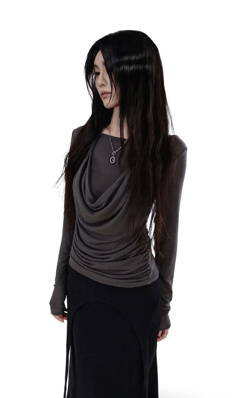 MALE HALTER DRAPE LAYERED LONG SLEEVE TOP