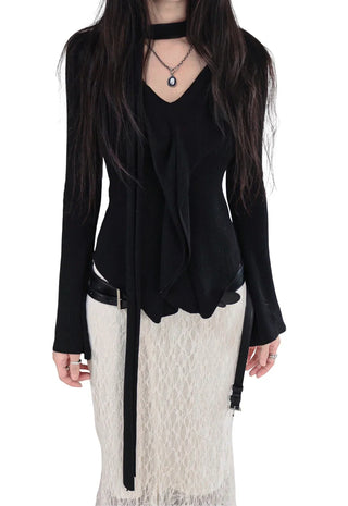 ROMANTIC BENZIE FRILL MUFFLER V-NECK KNITWEAR