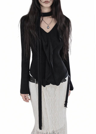 ROMANTIC BENZIE FRILL MUFFLER V-NECK KNITWEAR