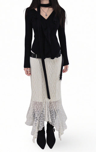 CLING LACE SEE-THROUGH SILHOUETTE UNBALANCED SKIRT