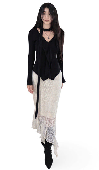 CLING LACE SEE-THROUGH SILHOUETTE UNBALANCED SKIRT
