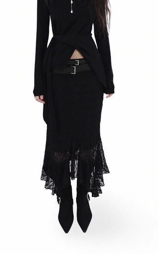 CLING LACE SEE-THROUGH SILHOUETTE UNBALANCED SKIRT