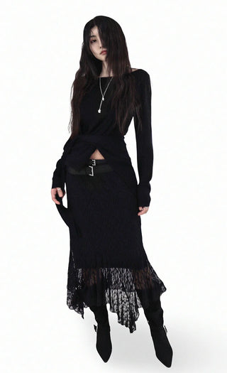 CLING LACE SEE-THROUGH SILHOUETTE UNBALANCED SKIRT
